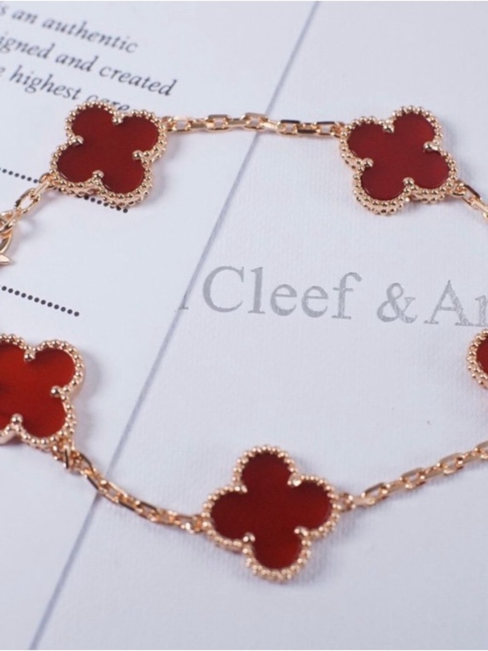 Van Cleef & Arpels Red Enamel Alhambra Station Necklace in Rose Gold Tone